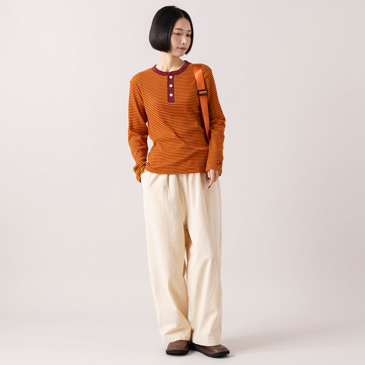 モデル身長165cm,Healthknitのマルチボーダーワッフル ヘンリーネック長袖|TUTIE.の丈の選べるコットンピーチ起毛パンツ|Organic handloomのSHELLY,https://market.e-begin.jp/products/she_hea1283s_lala|https://market.e-begin.jp/products/equ_tte1272s_lala|https://market.e-begin.jp/products/sed_ogh1252s_lala