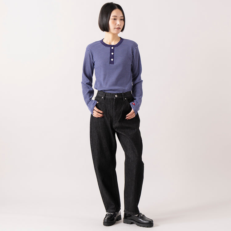 モデル身長165cm,Healthknitのマルチボーダーワッフル ヘンリーネック長袖|VENT BLANC+の12oz デニム コクーン パンツ,https://market.e-begin.jp/products/she_hea1283s_lala|https://market.e-begin.jp/products/stl_ven0683r_lala