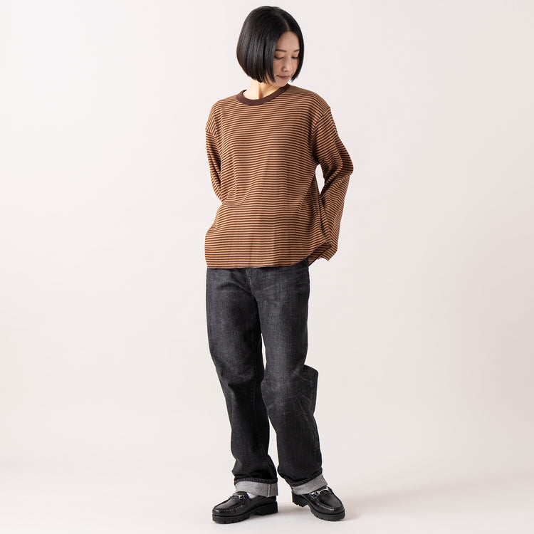 モデル身長165cm,Healthknitのマルチボーダーワッフル ヘムラウンド クルーネック長袖|caquのmodern classic,https://market.e-begin.jp/products/she_hea1285s_lala|https://market.e-begin.jp/products/tan_caq1278s_lala