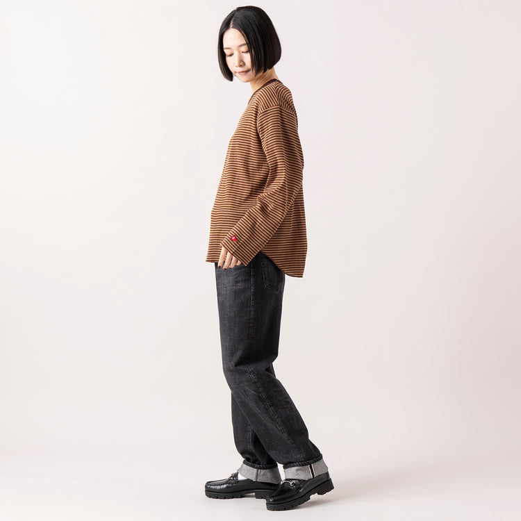 モデル身長165cm,Healthknitのマルチボーダーワッフル ヘムラウンド クルーネック長袖|caquのmodern classic,https://market.e-begin.jp/products/she_hea1285s_lala|https://market.e-begin.jp/products/tan_caq1278s_lala