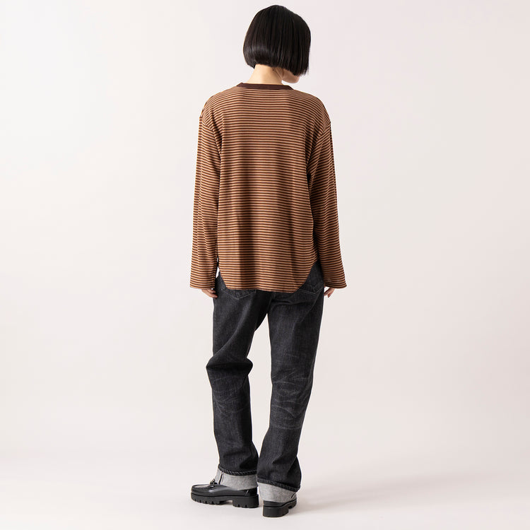 モデル身長165cm,Healthknitのマルチボーダーワッフル ヘムラウンド クルーネック長袖|caquのmodern classic,https://market.e-begin.jp/products/she_hea1285s_lala|https://market.e-begin.jp/products/tan_caq1278s_lala