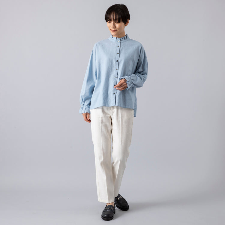 着用サイズ38 (モデル身長163cm),HeavenlyのCotton Linen Frillcollar Blouse|Jalan Sriwijayaのネイビービットローファー VIBRAMソール,https://market.e-begin.jp/products/dlt_hvr0021r_lala|https://market.e-begin.jp/products/gmt_srw1032p_lala