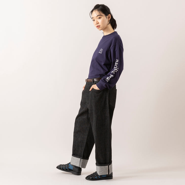 モデル身長165cm,ALDAYSのPacific Saury|80/40 BY SKEVEの40inch SELVEDGE DENIM（BLACK）|DiuのPommier|meri ja kuuのリブ先丸シルクコットンソックス|MASTER&Co.のクウォーターメッシュレザーベルト,https://market.e-begin.jp/products/dlt_ady1048s_lala|https://market.e-begin.jp/products/sta_ske0982s_lala|https://market.e-begin.jp/products/cil_diu0800s_lala|https://market.e-begin.jp/products/hpn_mjk1012s_lala|https://market.e-begin.jp/products/mhg_msc0819p_lala