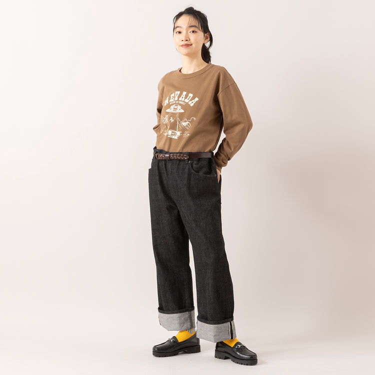 モデル身長165cm,BARNS OUTFITTERSのJP MADE LS TEE PT|80/40 BY SKEVEの40inch SELVEDGE DENIM（BLACK）|meri ja kuuのballoon stripソックス|MASTER&Co.のクウォーターメッシュレザーベルト,https://market.e-begin.jp/products/tka_bof1021s_lala|https://market.e-begin.jp/products/sta_ske0982s_lala|https://market.e-begin.jp/products/hpn_mjk1010s_lala|https://market.e-begin.jp/products/mhg_msc0819p_lala