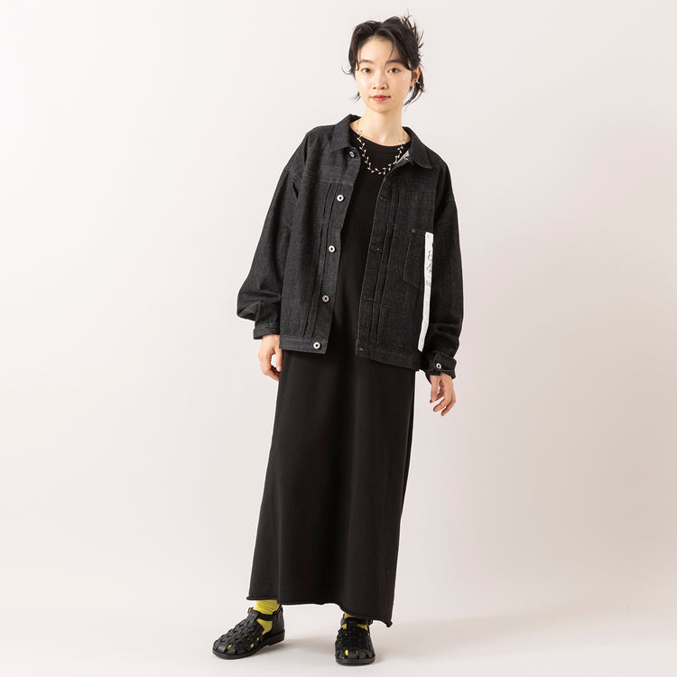 モデル身長165cm,80/40 BY SKEVEの40inch SELVEDGE DENIM JK（BLACK）|RNA-Nのヴィンテージミニ裏毛タックデザインワンピース|DiuのPommier|meri ja kuuのリブ先丸シルクコットンソックス|rapiécageのジグザグパールスライダーネックレス,https://market.e-begin.jp/products/sta_ske0983s_lala|https://market.e-begin.jp/products/tky_rnn1004s_lala|https://market.e-begin.jp/products/cil_diu0800s_lala|https://market.e-begin.jp/products/hpn_mjk1012s_lala|https://market.e-begin.jp/products/rdx_rpc1014s_lala