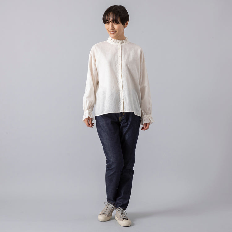 着用サイズ1 (モデル身長163cm),HeavenlyのCotton Linen Frillcollar Blouse|Moonstarのローバスケットヴィンテージグレー,https://market.e-begin.jp/products/dlt_hvr0021r_lala|https://market.e-begin.jp/products/mns_mns0286o_lala