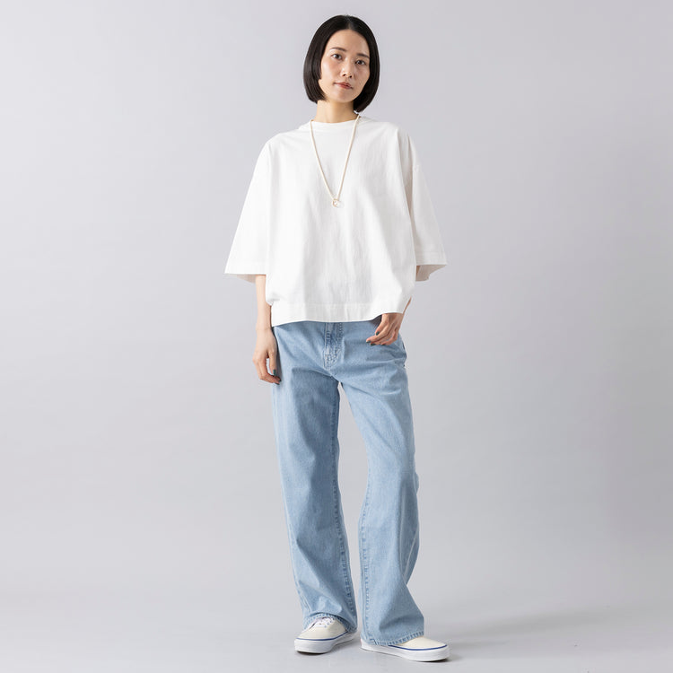 モデル身長165cm,JOHNBULLのデニムワイドジーンズ|OMCCのRound Shoulder|rapiécageの3wayビーズネックレス＆グラスホルダー,https://market.e-begin.jp/products/jbu_jbu0060p_lala|https://market.e-begin.jp/products/ser_omc0622s_lala|https://market.e-begin.jp/products/rdx_rpc0763s_lala