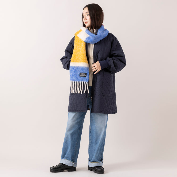 モデル身長163cm（BROWN/NAVY・キルト面）,seesetの両A面アウター|Healthknitのクラシックフライス 長袖ハイネックハーフジップ|caquのFSワイドボーイズ|Finissageのマルチカラーブークレマフラー,https://market.e-begin.jp/products/tka_sst1213s_lala|https://market.e-begin.jp/products/she_hea1192s_lala|https://market.e-begin.jp/products/tan_caq1164s_lala|https://market.e-begin.jp/products/hem_fns1201s_lala