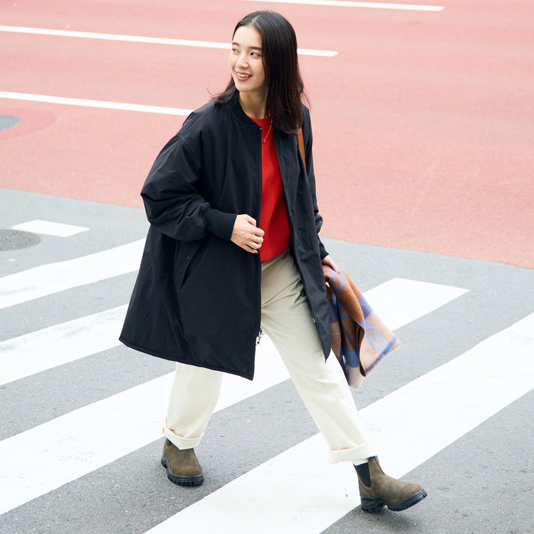 モデル身長167cm（BLACK・プレーン面）,seesetの両A面アウター|lelillのハイテクワッフルニット|caquのモダンクラシック(KINARI)|BlundstoneのLUG BOOT|ENAMEL CopenhagenのNecklace Amore|BOYNA ORIGINALのシルケットウールのブルー×ブラウンストール,https://market.e-begin.jp/products/tka_sst1213s_lala|https://market.e-begin.jp/products/ana_lel1248s_lala|https://market.e-begin.jp/products/tan_caq0007i_lala|https://market.e-begin.jp/products/sed_bld0492n_lala|https://market.e-begin.jp/products/kod_ena0647r_lala|https://market.e-begin.jp/products/arb_byn0716r_lala