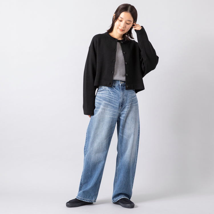 モデル身長163cm,Healthknitのベーシックワッフル 裾ラウンド クルーネック長袖|VENT BLANC+の12oz デニム コクーン パンツ|MOONSTARのLOAFY,https://market.e-begin.jp/products/she_hea0658r_lala|https://market.e-begin.jp/products/stl_ven0683r_lala|https://market.e-begin.jp/products/mns_mns0147p_lala