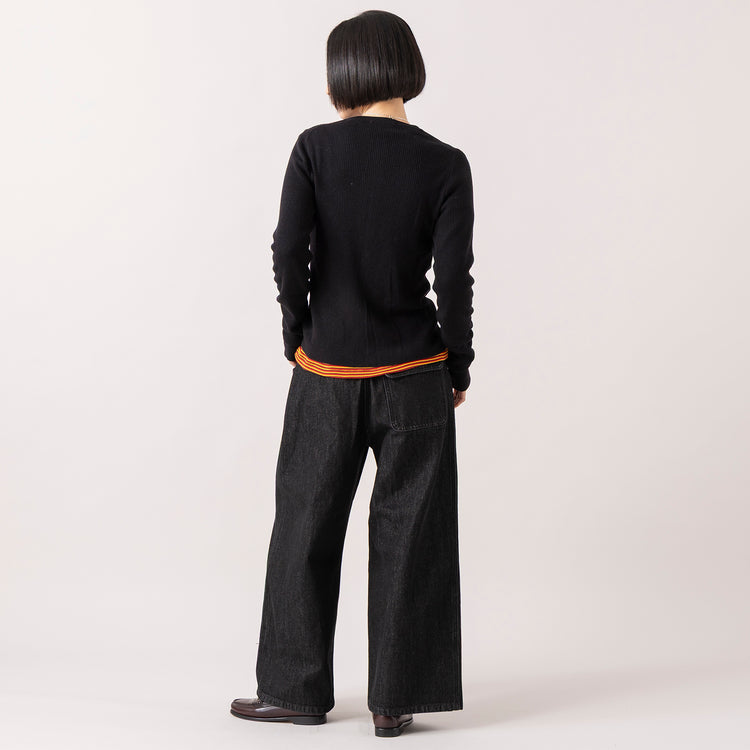 モデル身長165cm,RNA-Nのカシミヤウールブレンドリブニットカーディガン|Healthknitのマルチボーダーワッフル クルーネック長袖|VENT BLANC+の12ozデニム ワイドパンツ|BUTTON WORKSのマーキュリーコインネックレスStar,https://market.e-begin.jp/products/tky_rnn1269s_lala|https://market.e-begin.jp/products/she_hea1284s_lala|https://market.e-begin.jp/products/stl_ven1056s_lala|https://market.e-begin.jp/products/tka_but1282s_lala